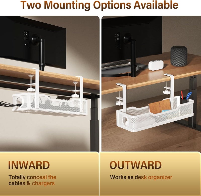 Cinati Under Desk Cable Management Large, 16" Cable Management Box for Table Thickness up to 3", Wire Cord Organizer with Clamp No Drill, No Damage to Desk (White) - Image 5